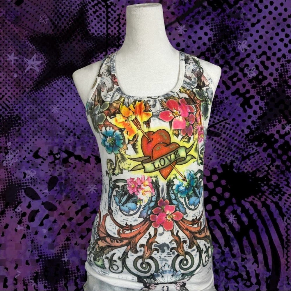 White and multi-coloured graphic print cami top